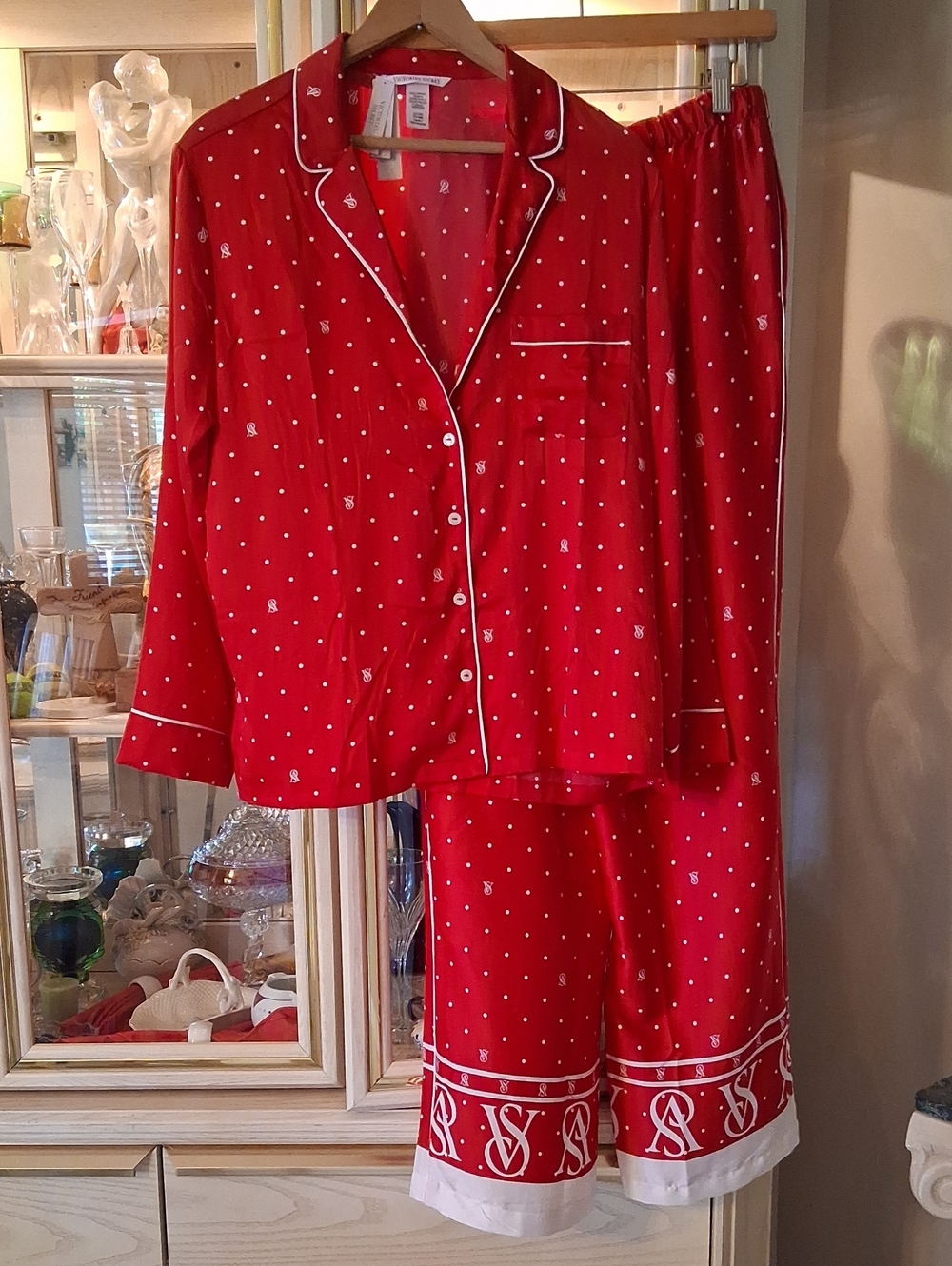 Victoria's Secret Red Polka-Print Satin Pajama Set with White Piping